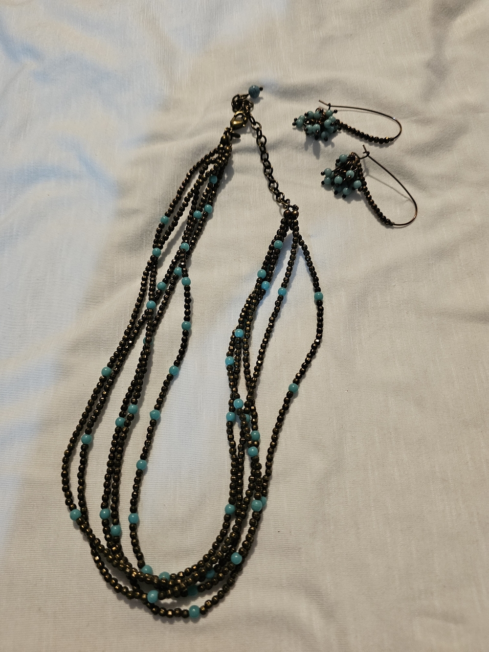 Turquoise Multi-Strand Beaded Necklace with Matching Earrings - Women Jewelry